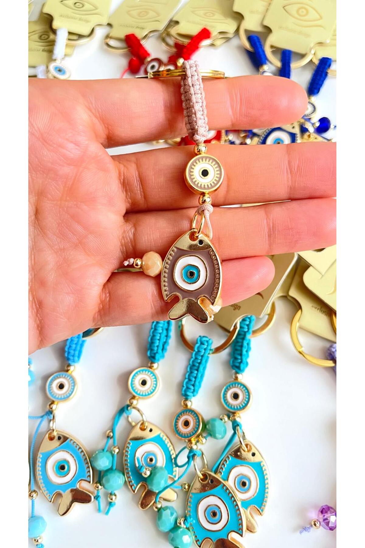 Ivy Gold-Plated Evil Eye Keychain - Beige Fish Design