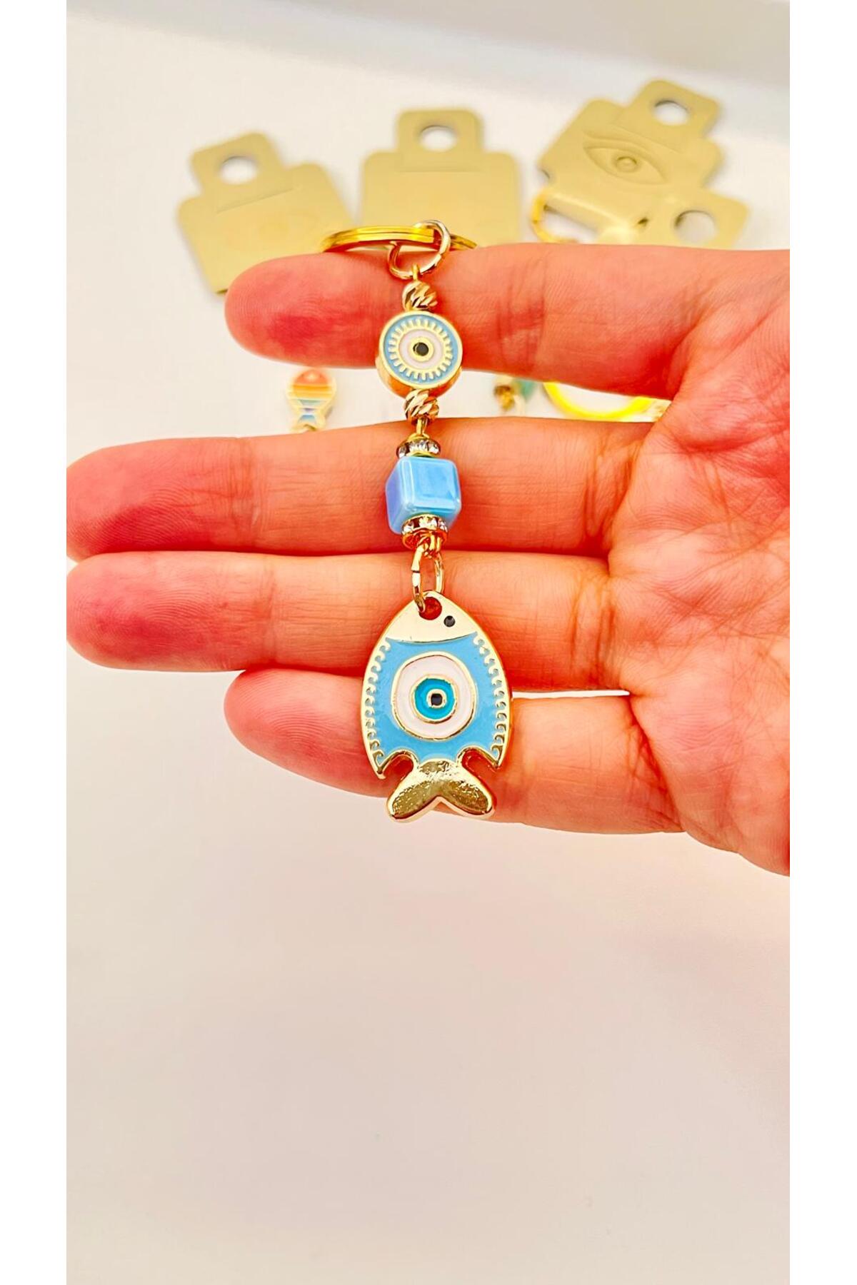 Hannah Gold-Plated Bodrum Bead Keychain - Blue Fish