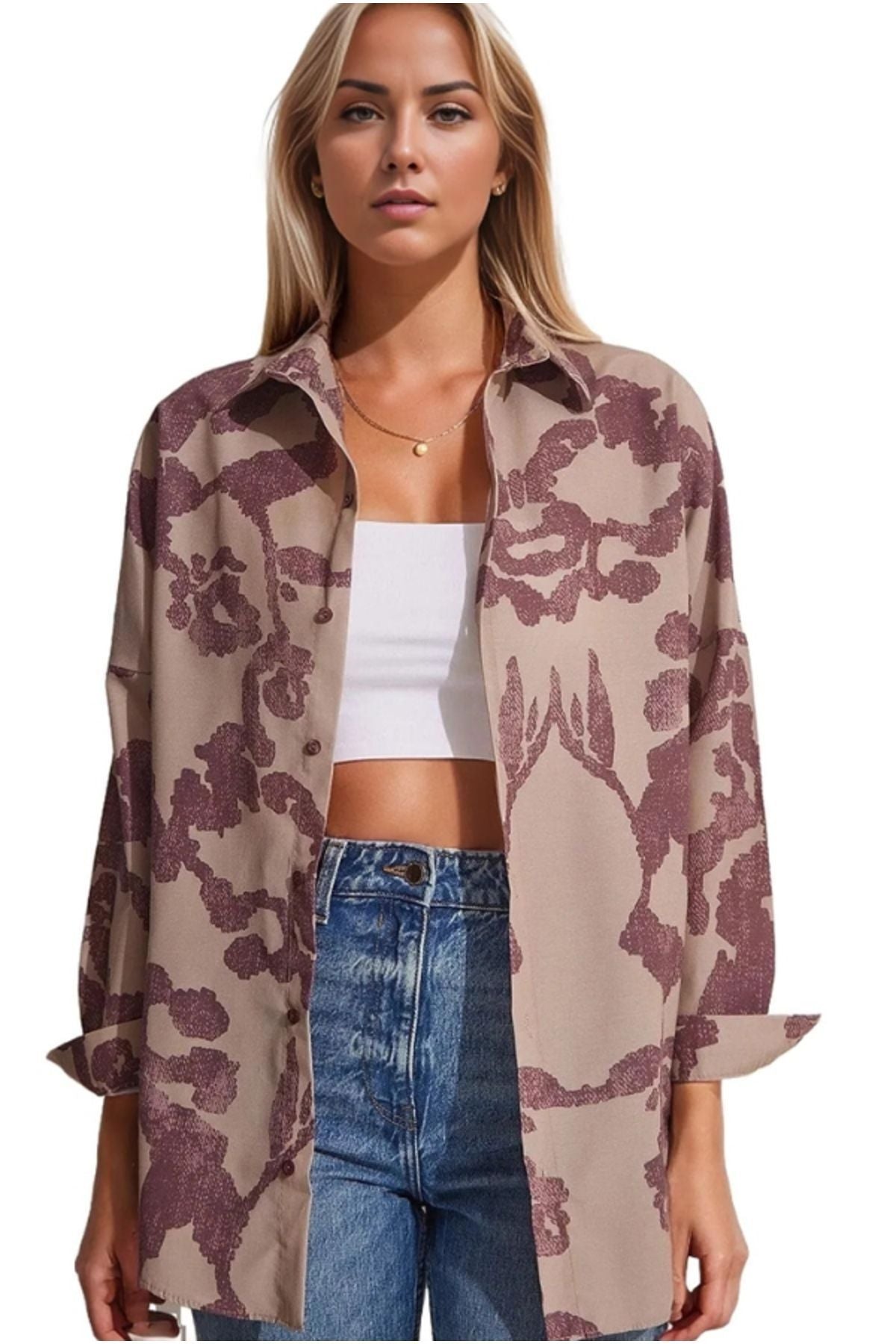 Melissa Women's Oversized Longline Shirt - Beige and Dusty Rose Print