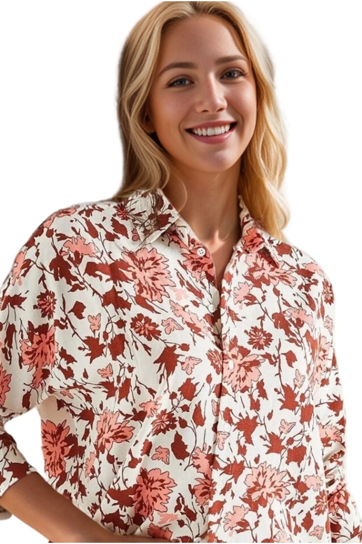 Emilia Women's Linen-Viscose Blend Oversized Printed Shirt - Burgundy Floral