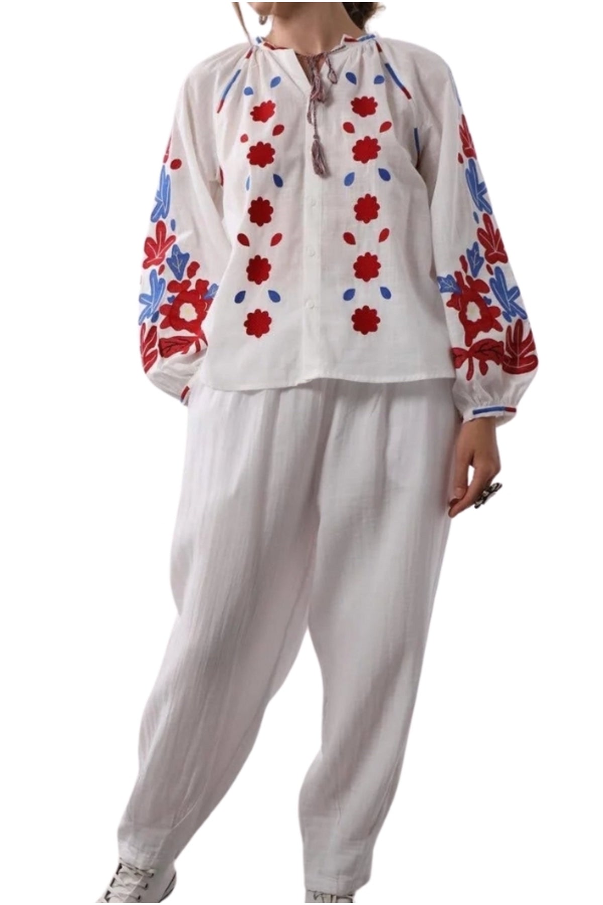 Sadie Women's Cotton Floral Embroidered Tie Blouse - Red and Blue Floral