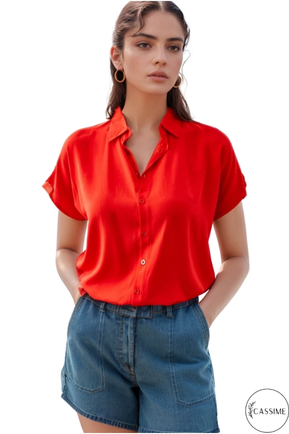 Esme Women's Short Sleeve Batwing Shirt - Solid Red