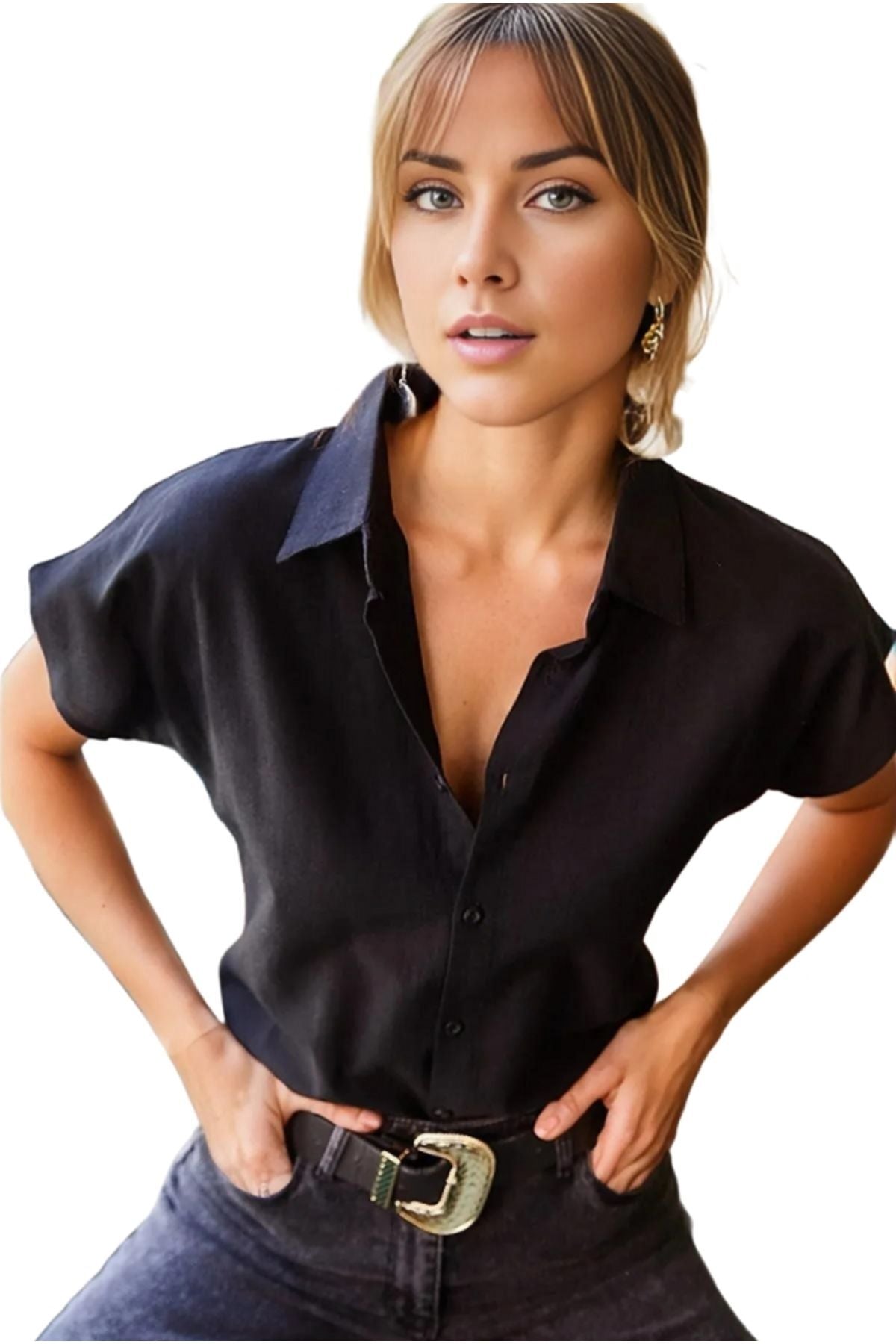 Elizabeth Women's Linen-Viscose Blend Short Sleeve Batwing Shirt - Black
