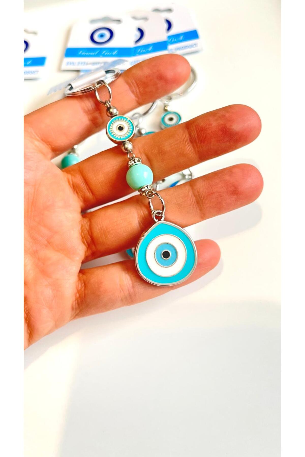 Abigail Silver-Plated Evil Eye Keychain - Turquoise Metal Teardrop Evil Eye
