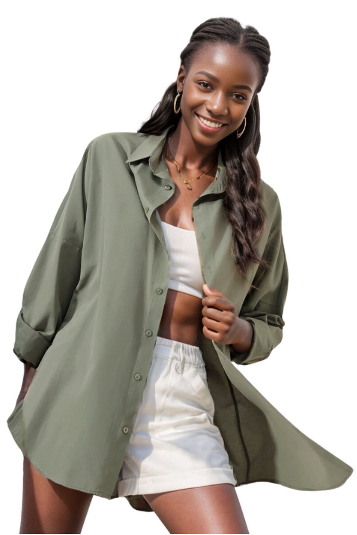 Melissa Women's Cotton Blend Oversized Longline Shirt - Khaki