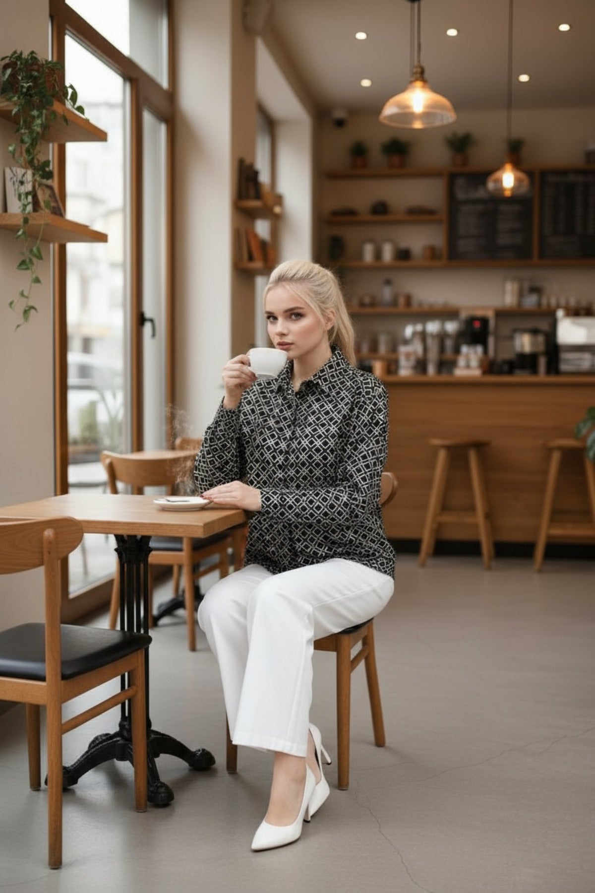 Holly Women's Relaxed Check Satin Shirt - Black Check Print