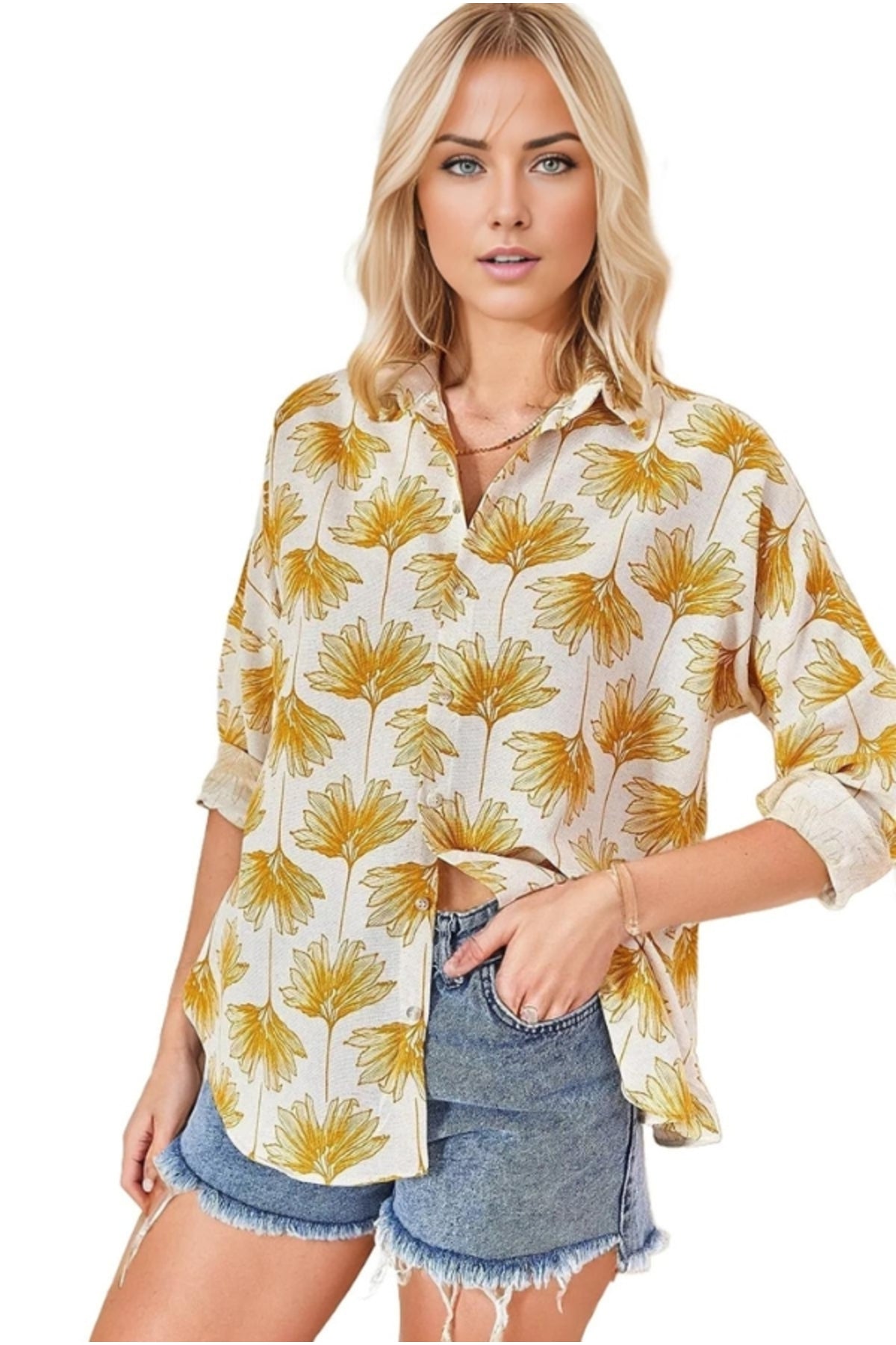 Emilia Women's Linen-Viscose Blend Oversized Printed Shirt - Yellow Ginkgo