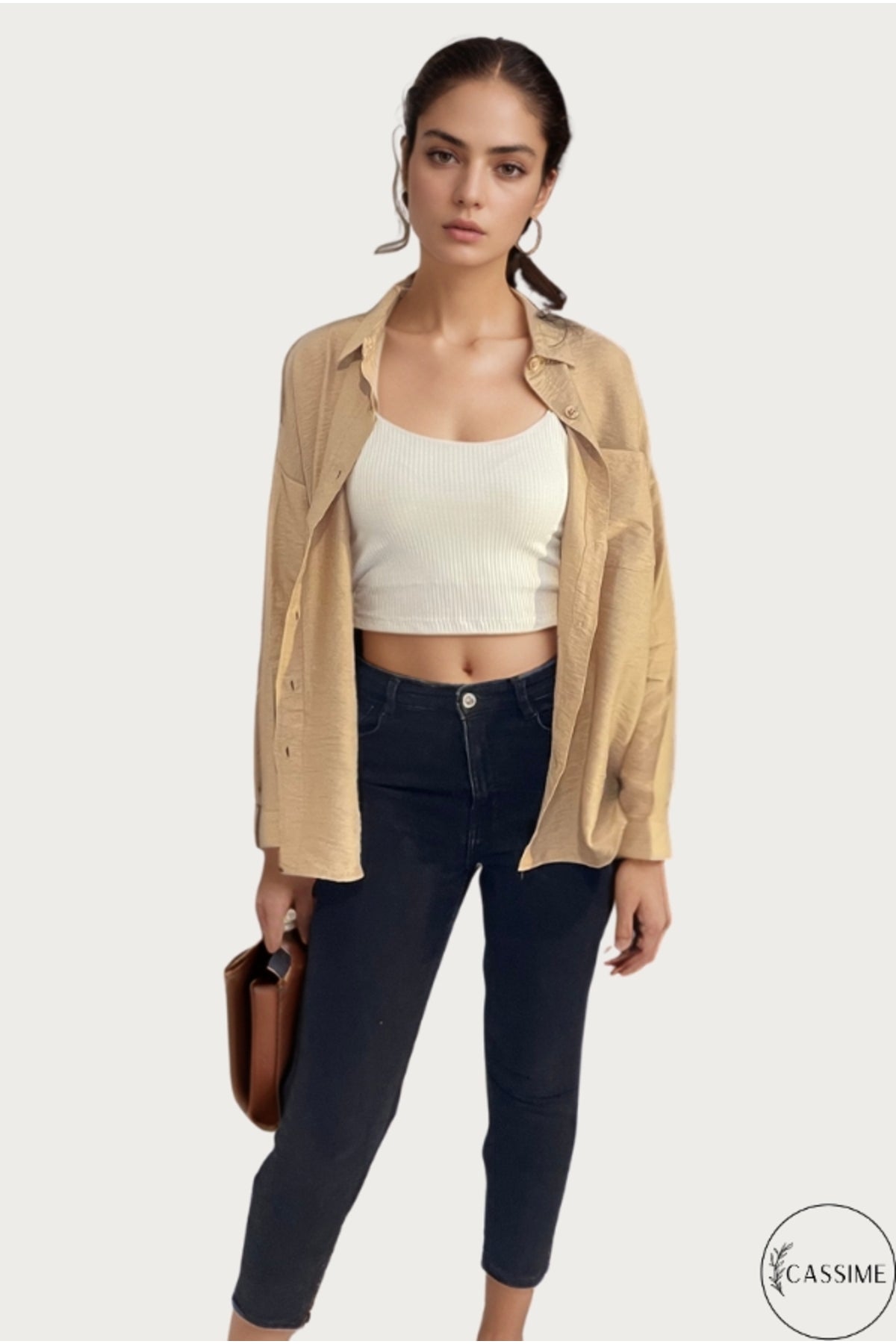 Georgia Women's Oversized Long Sleeve Shirt - Solid Beige
