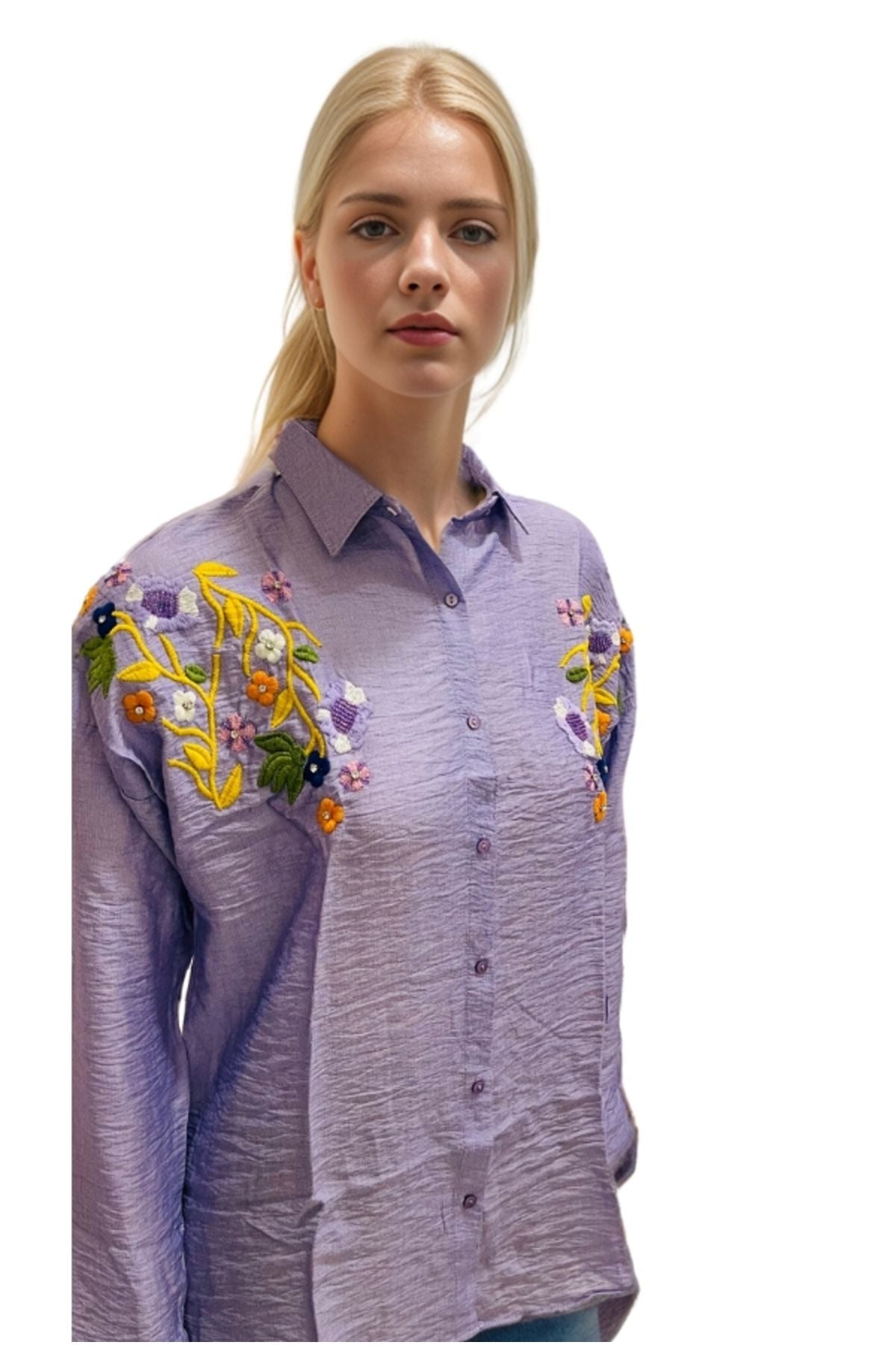 Claire Women's Floral Embellished Button-Up Shirt - Lilac Floral Embroidery