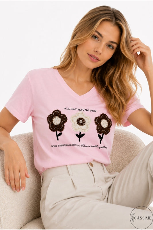 Emma Women's Cotton Embellished T-Shirt - Pink Floral Embroidery