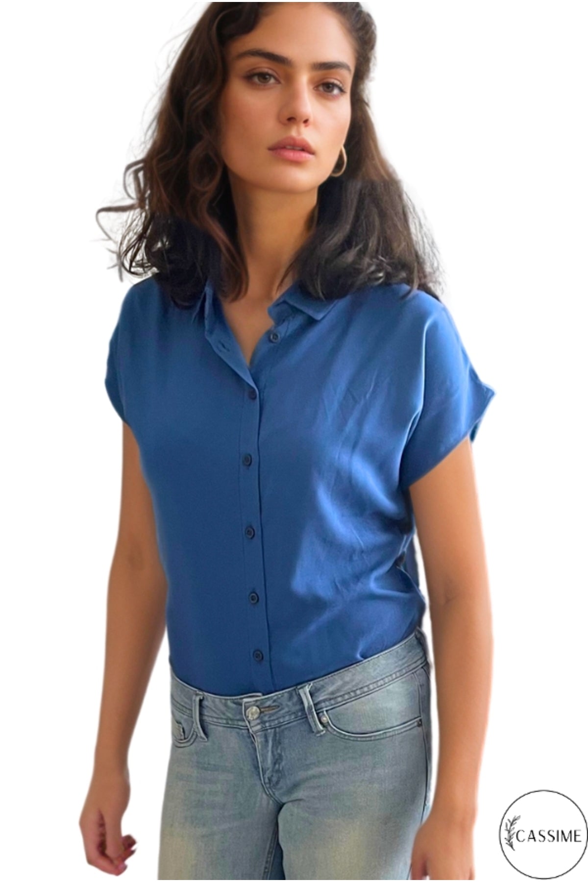 Esme Women's Viscose Short Sleeve Batwing Shirt - Light Navy