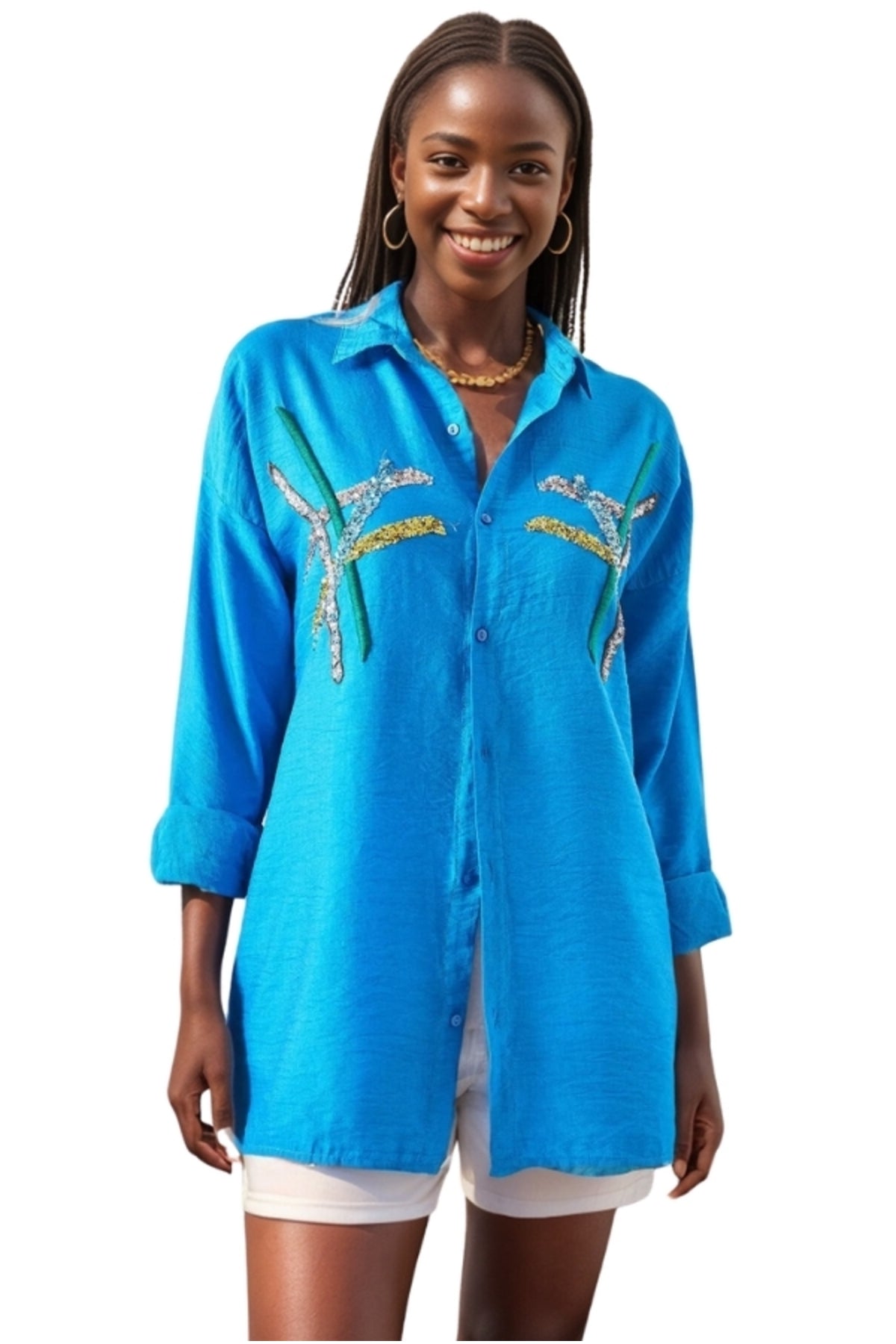 Natasha Women's Embroidered Oversized Shirt - Royal Blue Striped