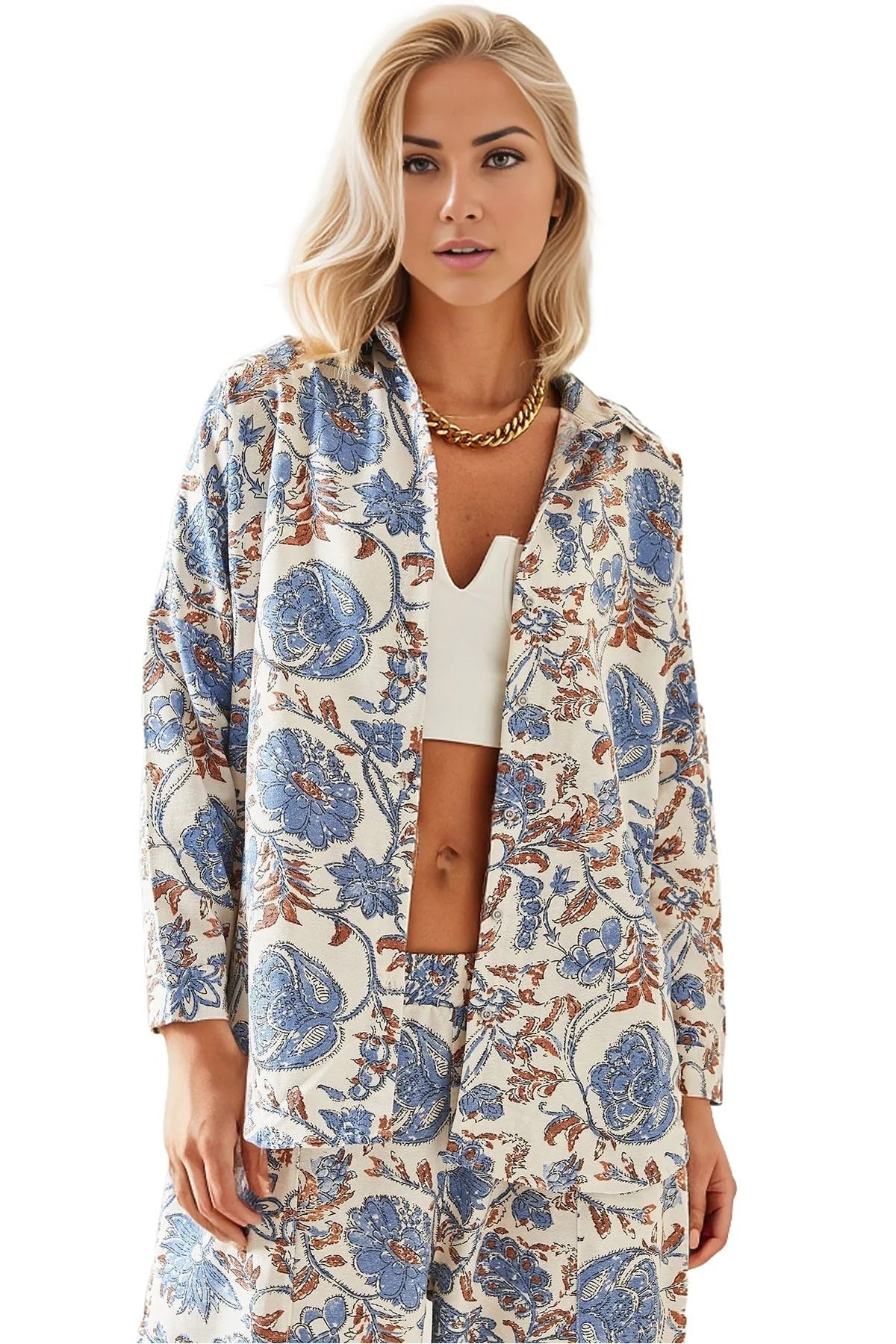 Emilia Women's Linen-Viscose Blend Oversized Printed Shirt - Light Blue Floral