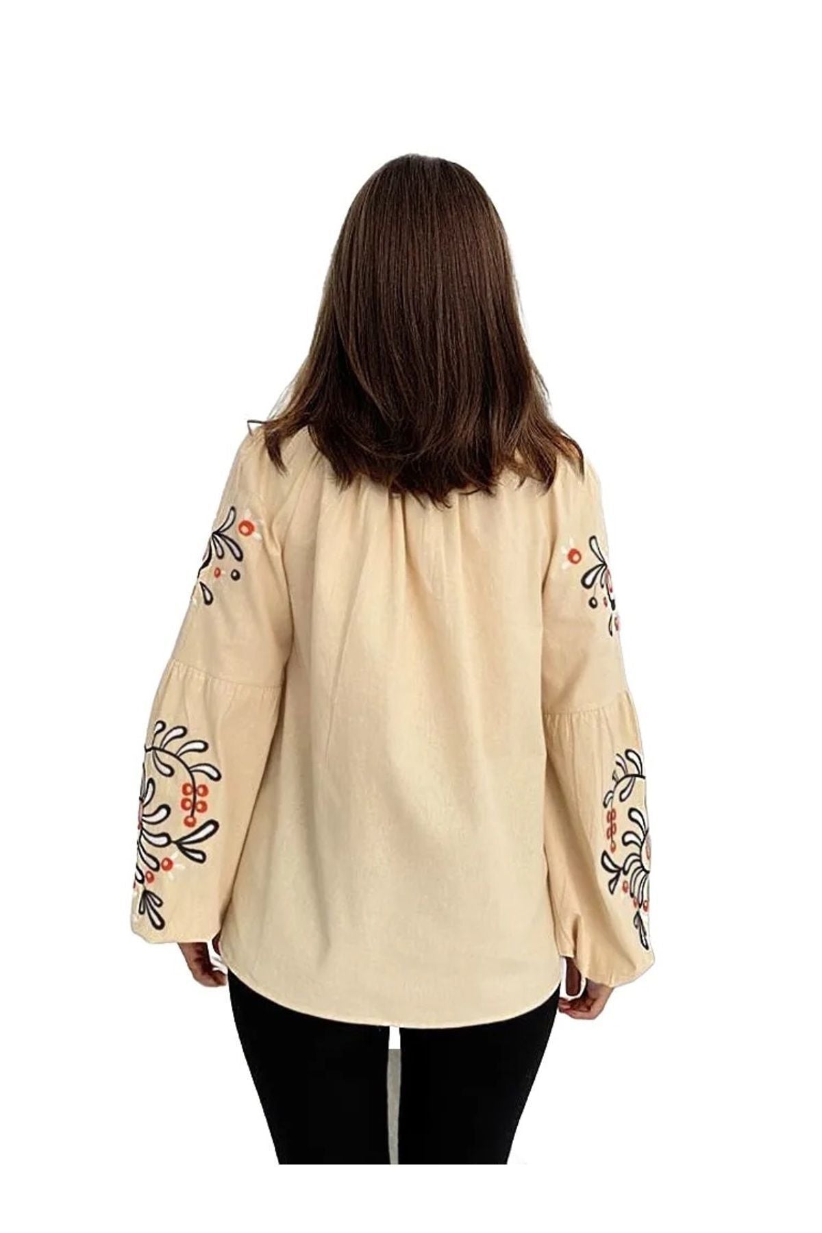 April Women's Embroidered Balloon Sleeve Tassel Blouse - Cream