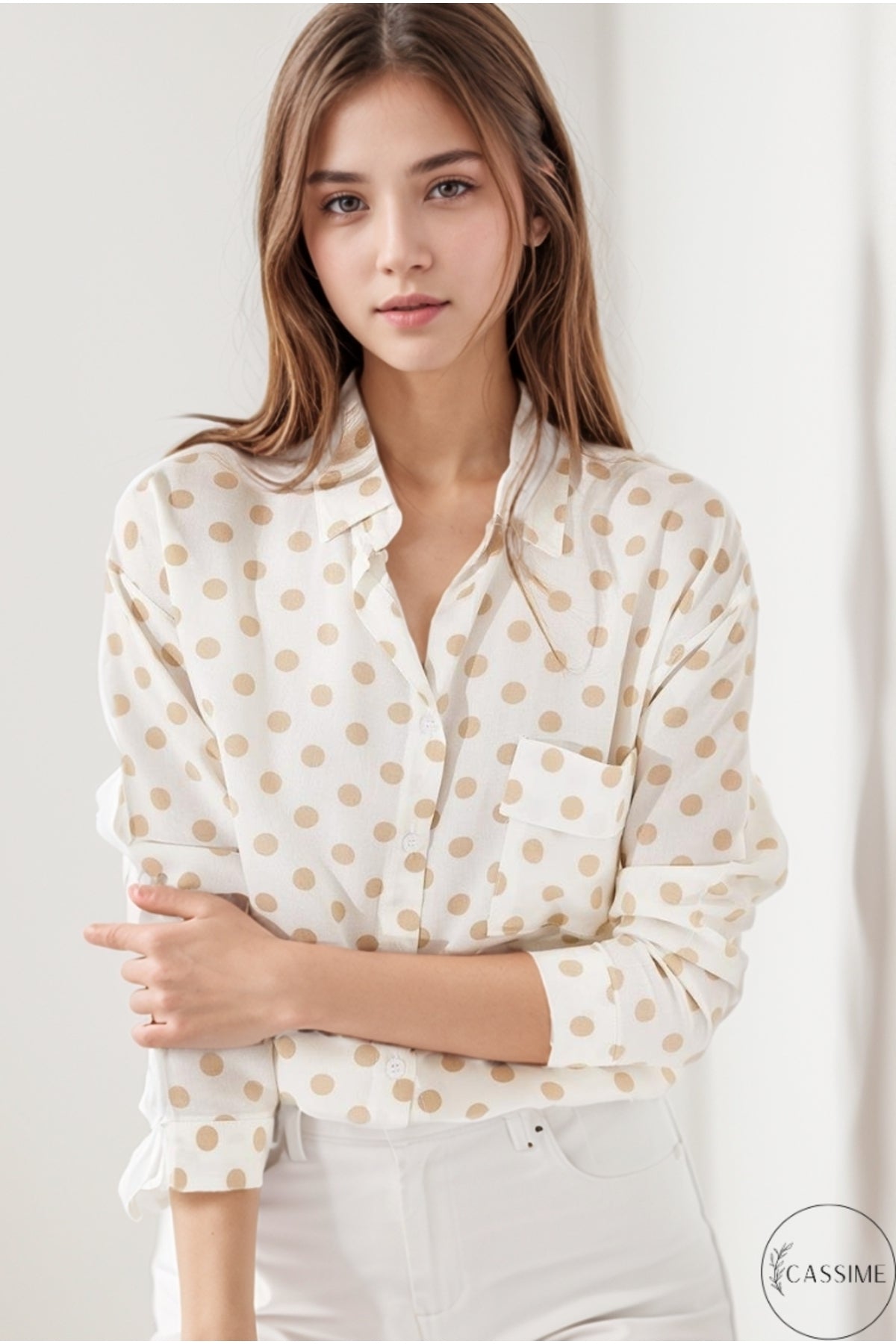 Iris Women's Viscose Relaxed Fit Pocket Shirt - Ecru with Beige Polka Dots