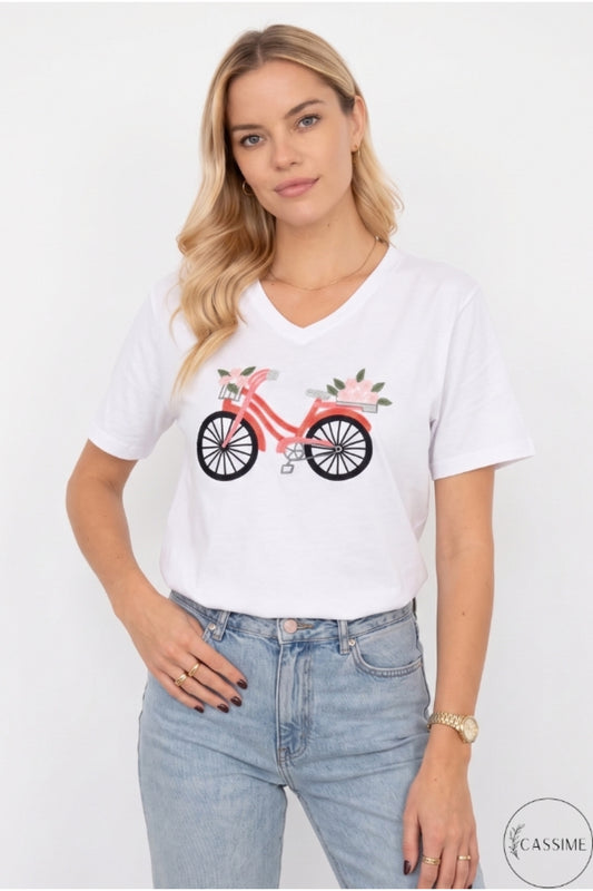 Nora Women's Cotton Plus Size Graphic T-Shirt - White Bicycle Print