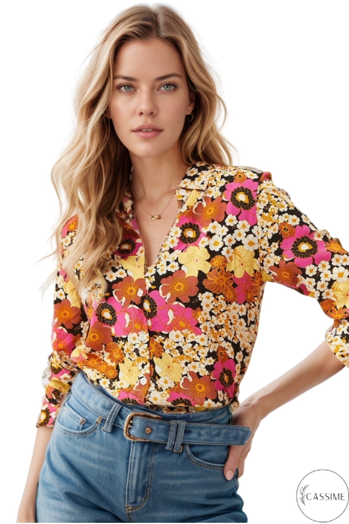 Amelia Women's Viscose Long Sleeve Button-Up Shirt - Multicolor Floral