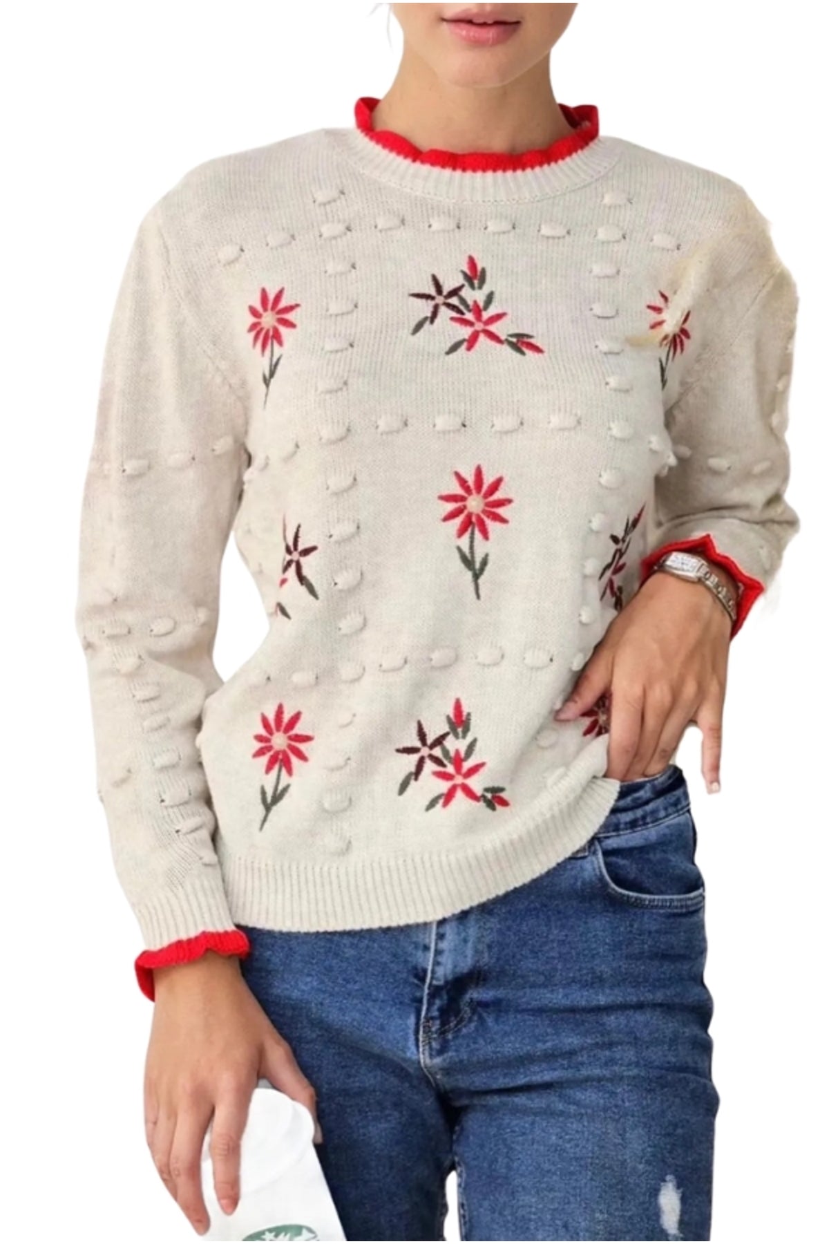 Chelsea Women's Floral Embroidered Crew Neck Sweater - Light Beige with Red Floral Embroidery