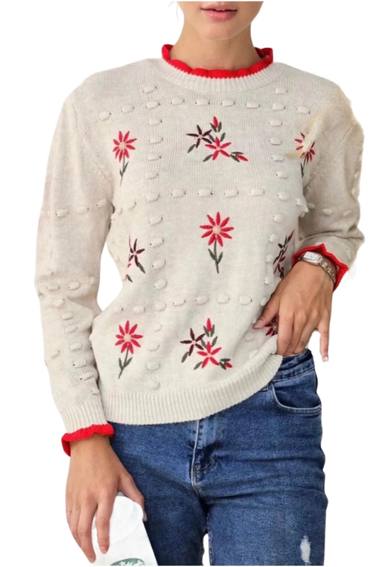 Chelsea Women's Floral Embroidered Crew Neck Sweater - Light Beige with Red Floral Embroidery