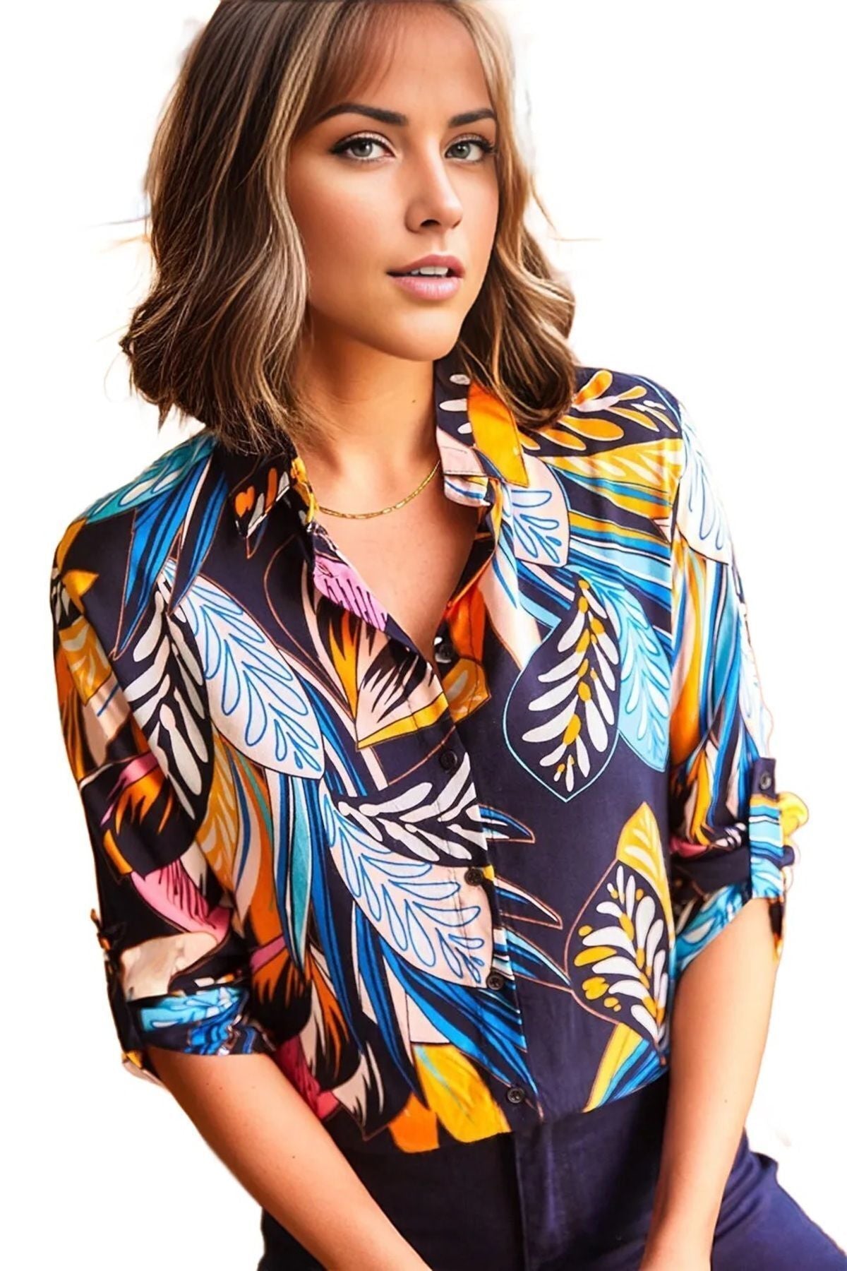 Amelia Women's Viscose Long Sleeve Button-Up Shirt - Black with Blue Leaf Print