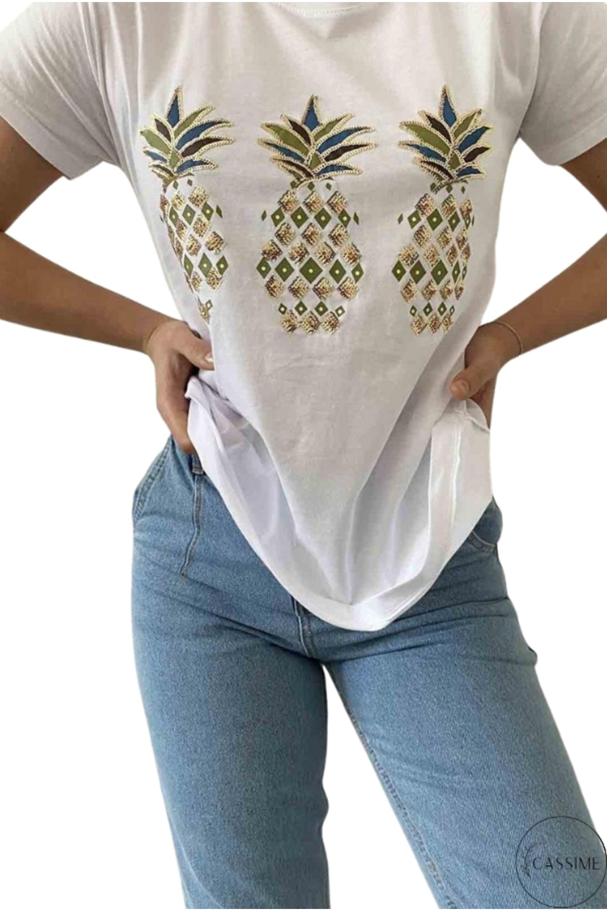 Olivia Women's Cotton Plus Size Embellished V-Neck T-Shirt - White with Pineapple Embroidery