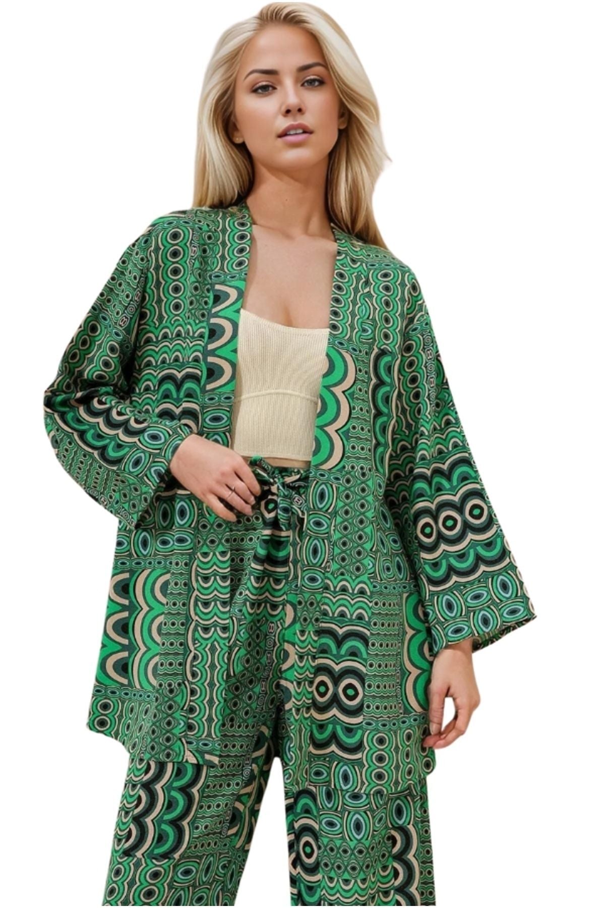 Catherine Women's Linen-Viscose Blend Relaxed Fit Kimono - Green Geometric Print