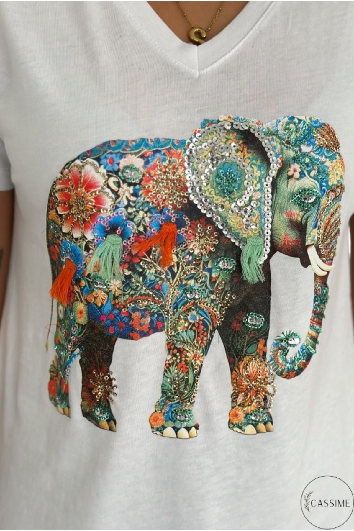Olivia Women's Cotton Plus Size Embellished V-Neck T-Shirt - White with Multicolor Elephant Sequins