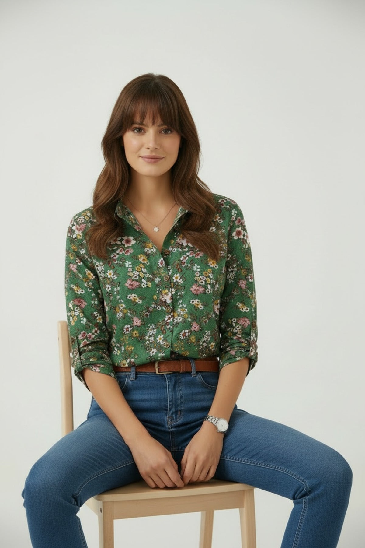 Amelia Women's Viscose Long Sleeve Button-Up Shirt - Green and Khaki