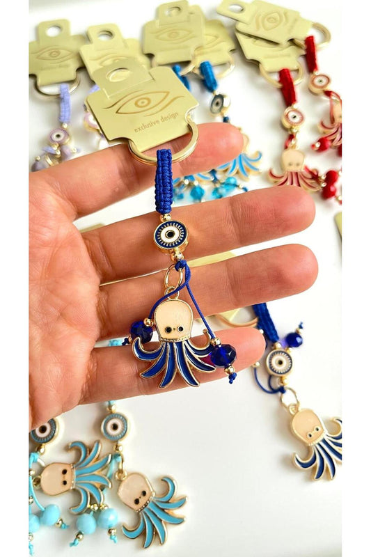 Ivy Gold-Plated Evil Eye Keychain - Navy Octopus Design