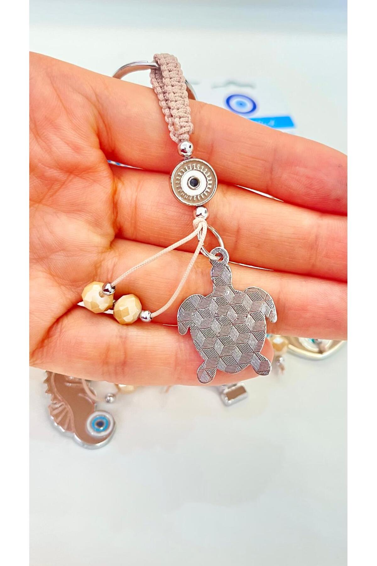 Abigail Silver-Plated Evil Eye Keychain - Beige Turtle