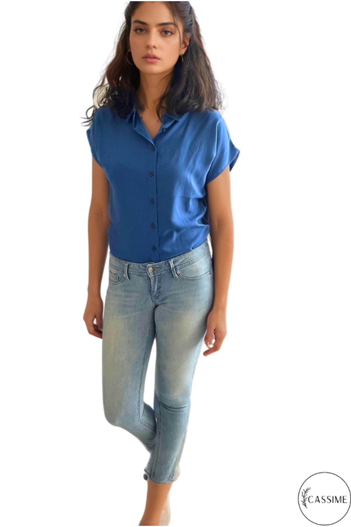 Esme Women's Viscose Short Sleeve Batwing Shirt - Light Navy