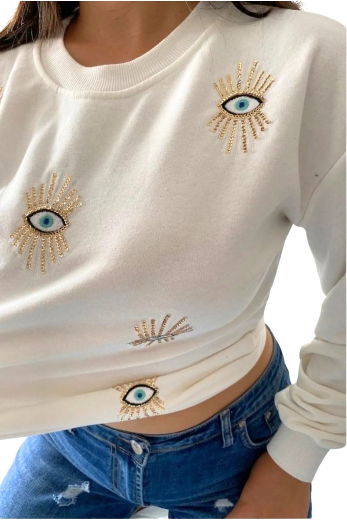 Ava Women's Cotton Embellished Evil Eye Sweatshirt - White Multi Evil Eye Design