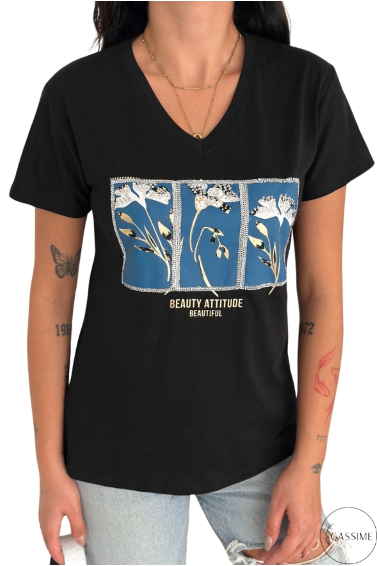 Olivia Women's Cotton Plus Size Embellished V-Neck T-Shirt - Black and Blue Floral