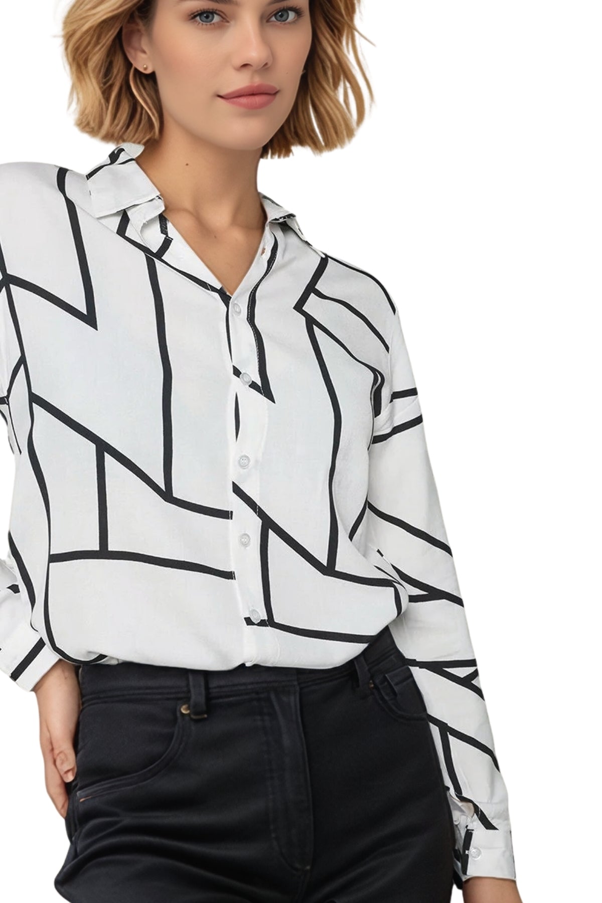 Amelia Women's Viscose Long Sleeve Button-Up Shirt - White Geometric Striped