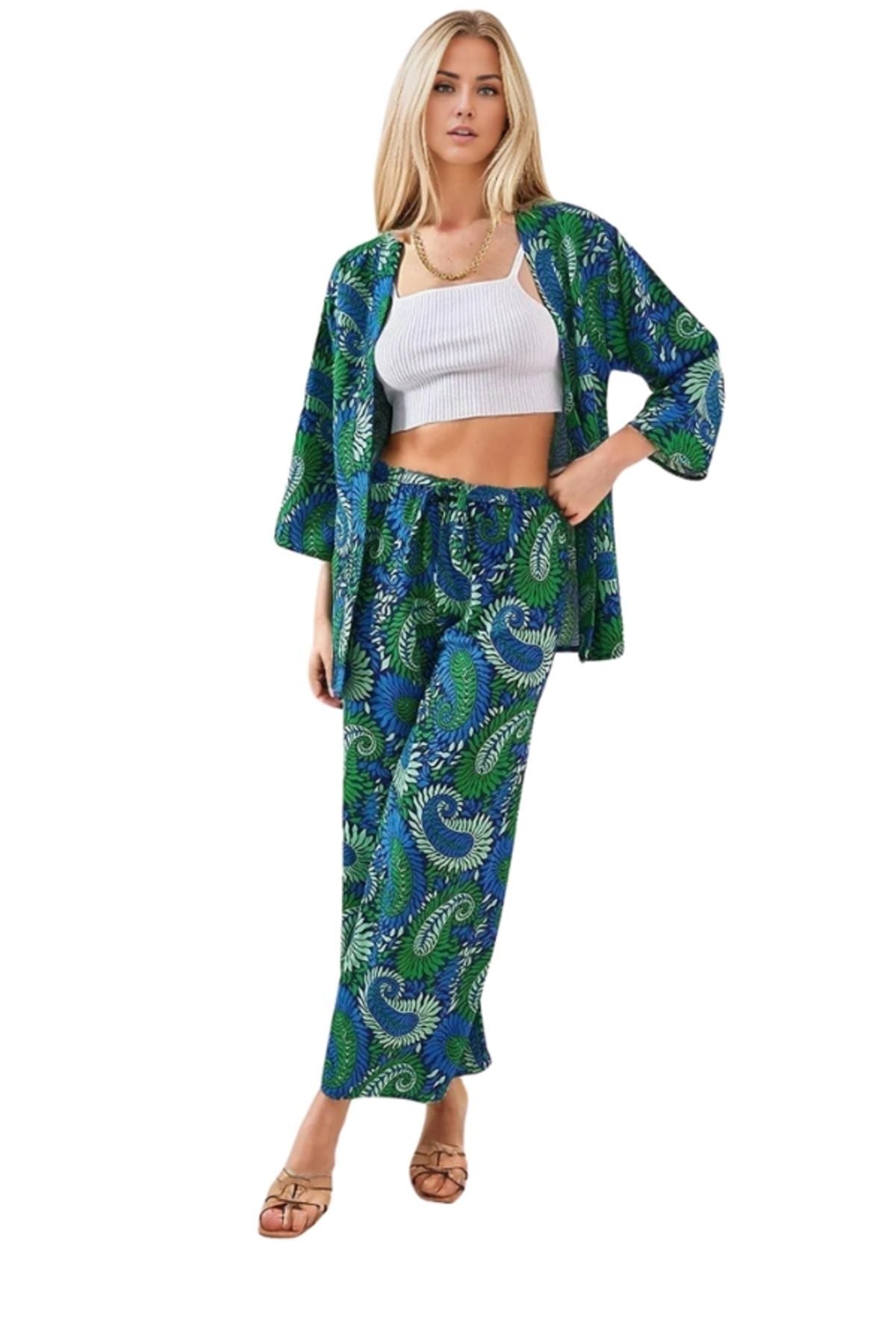 Catherine Women's Relaxed Fit Kimono - Green Paisley Print