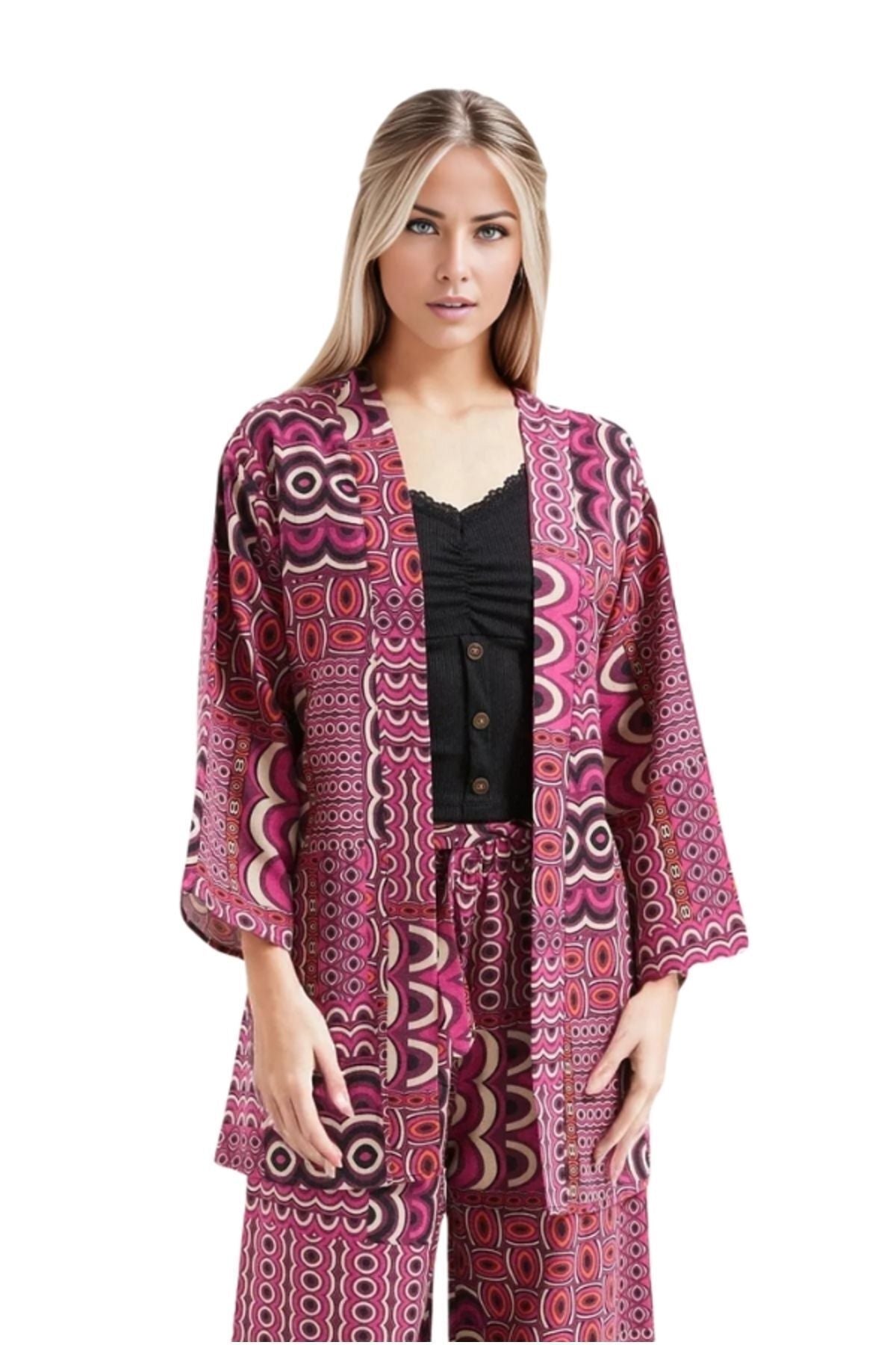 Catherine Women's Linen-Viscose Blend Relaxed Fit Kimono - Purple Geometric Print
