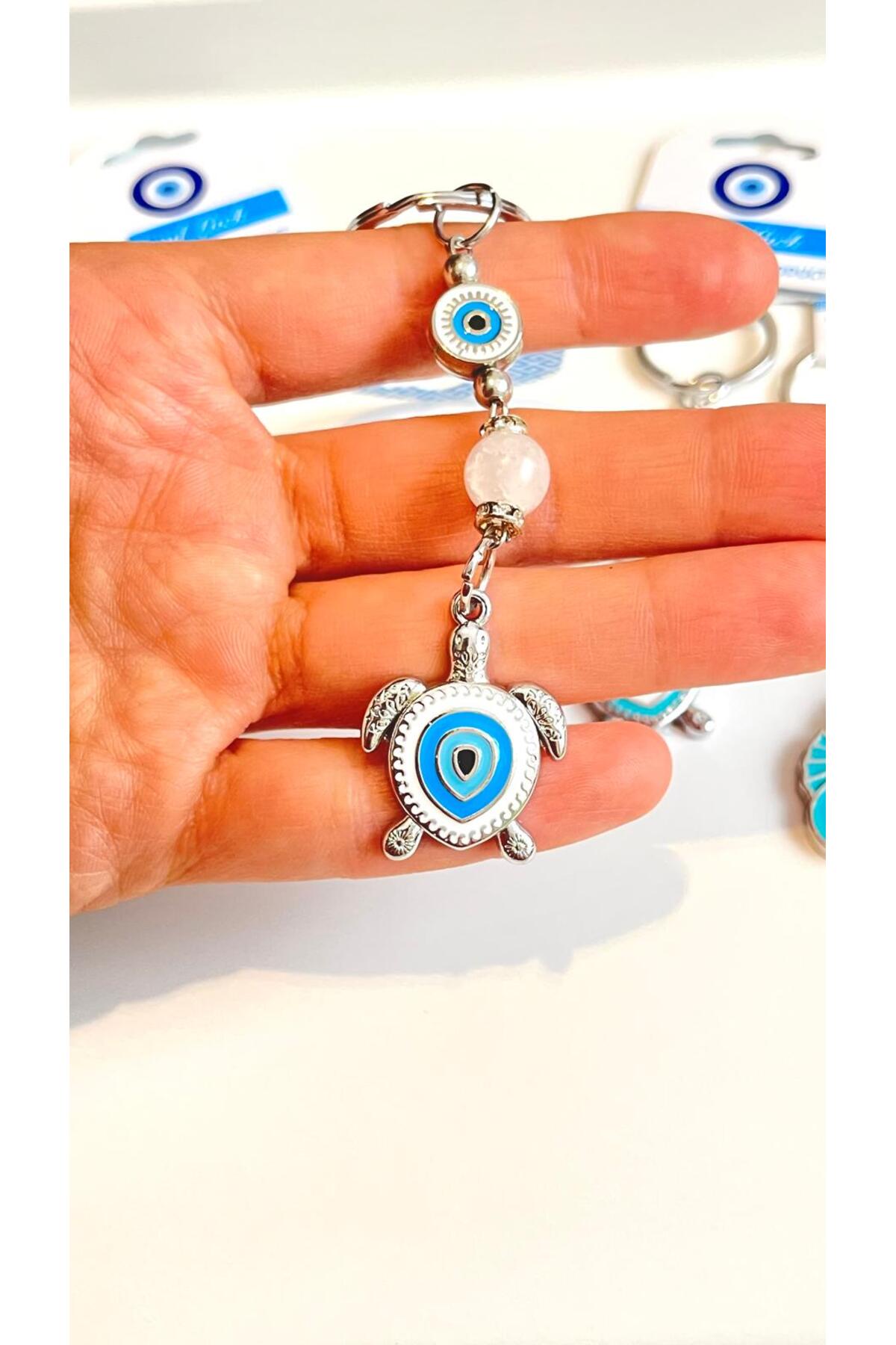 Abigail Silver-Plated Evil Eye Keychain - White Metal Turtle
