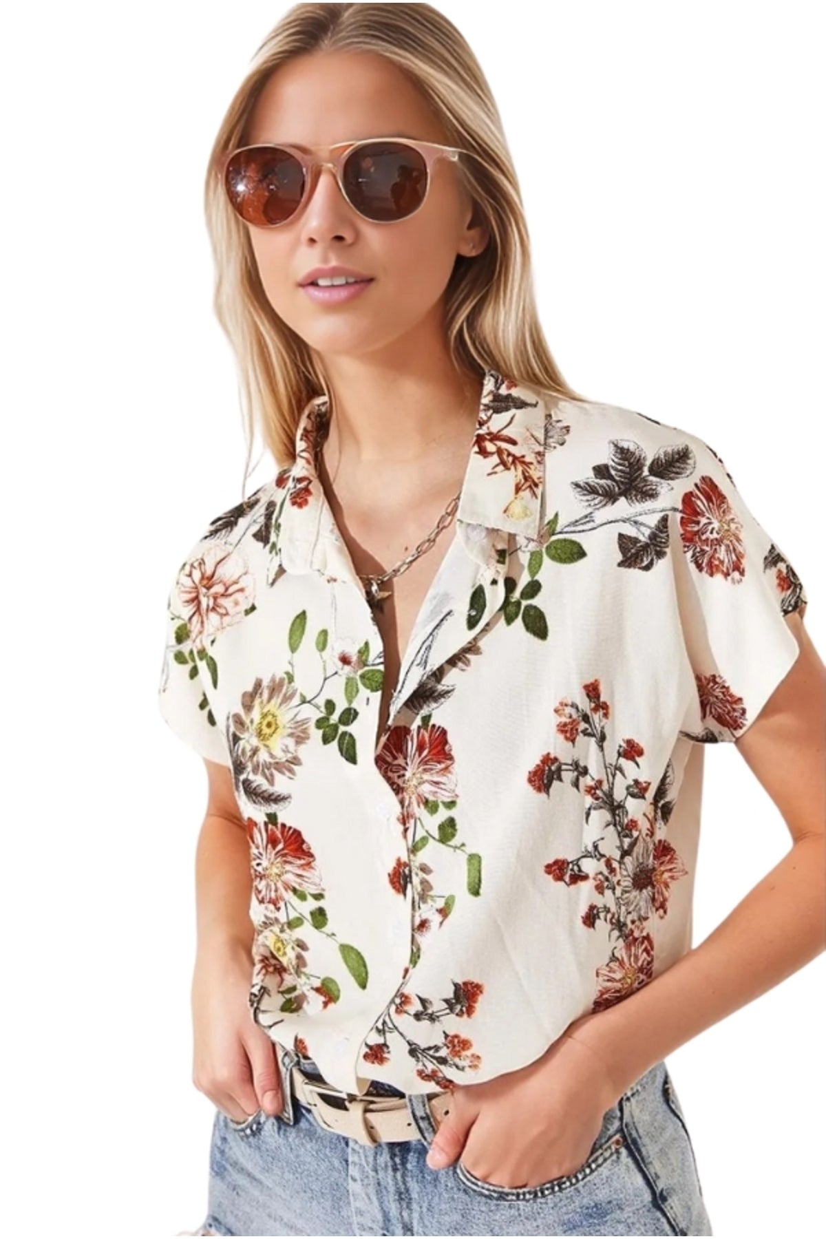 Charlotte Women's Short Sleeve Batwing Shirt - Off-White Floral Print