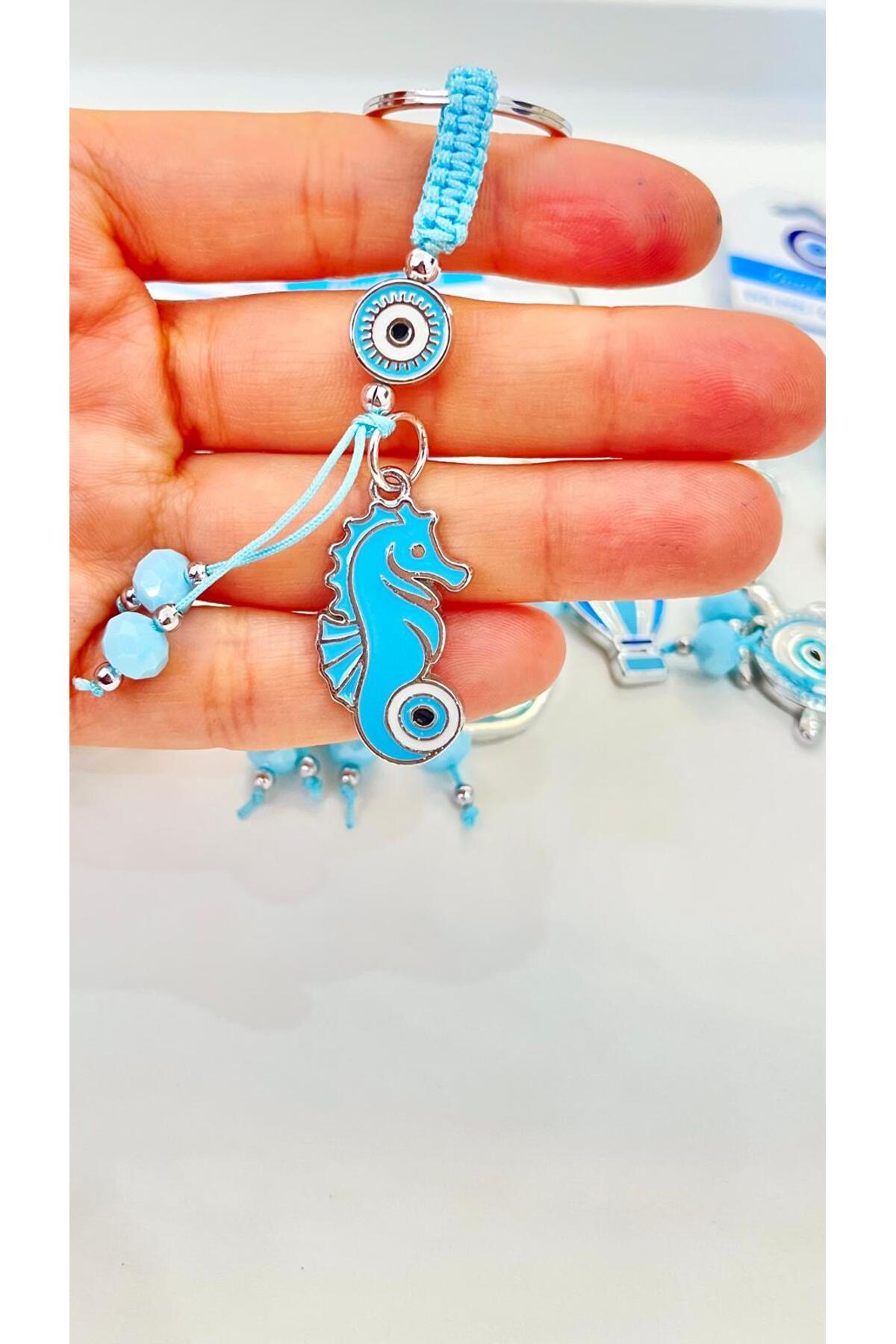 Abigail Silver-Plated Evil Eye Keychain - Light Blue Seahorse