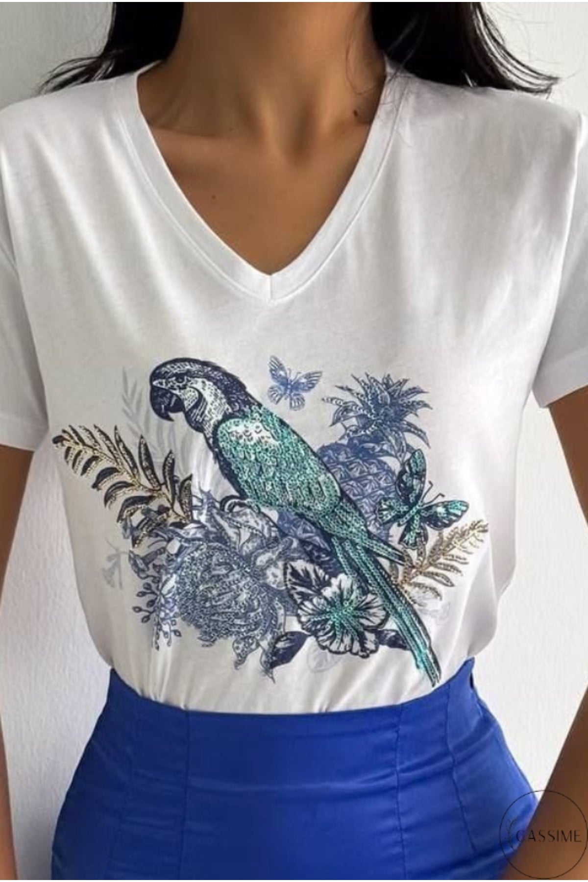 Sophie Women's Cotton Embellished V-Neck T-Shirt - White with Blue Parrot Print