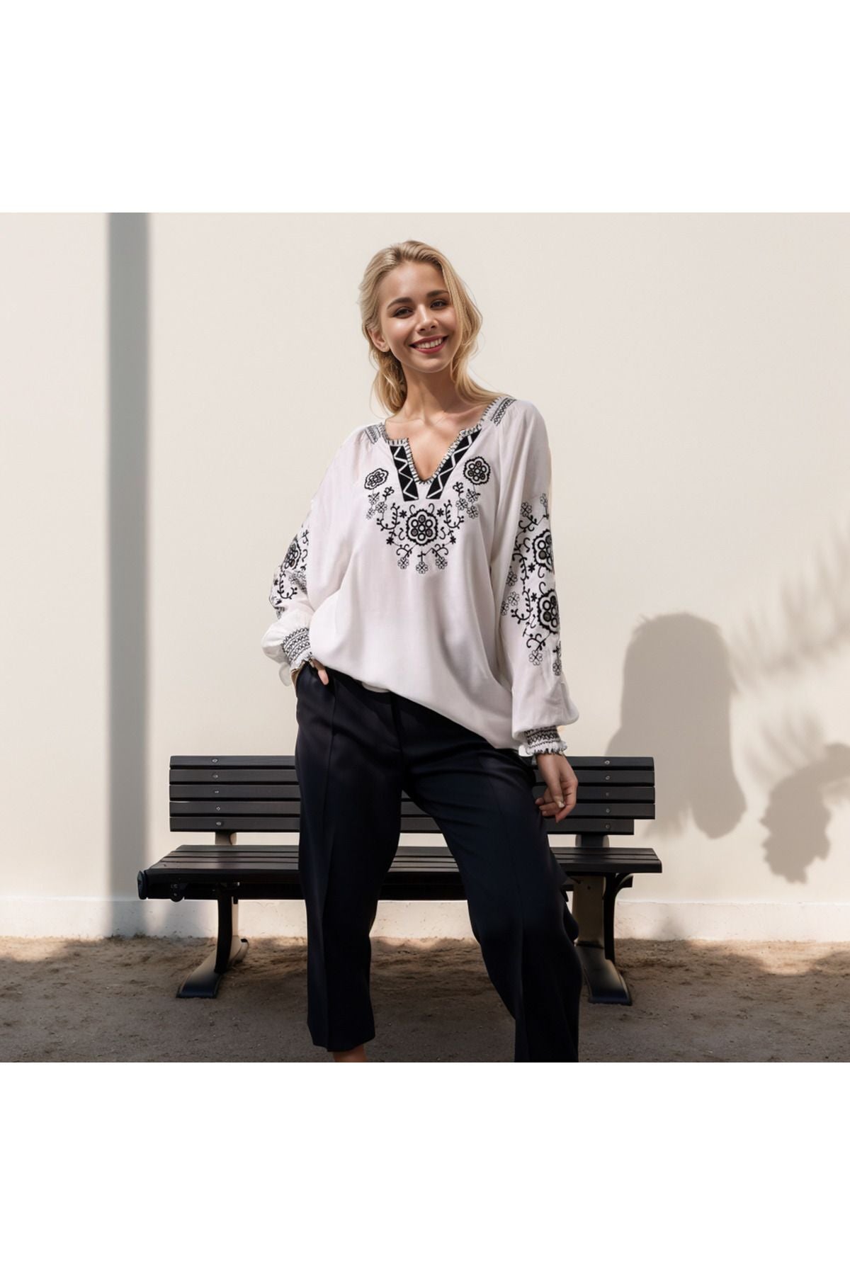 Ashley Women's Cotton Blend Floral Embroidered V-Neck Blouse - White
