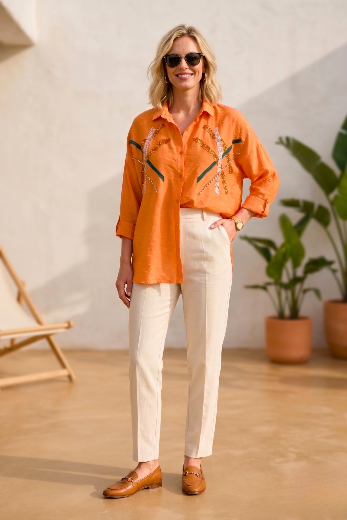 Natasha Women's Embroidered Oversized Shirt - Orange