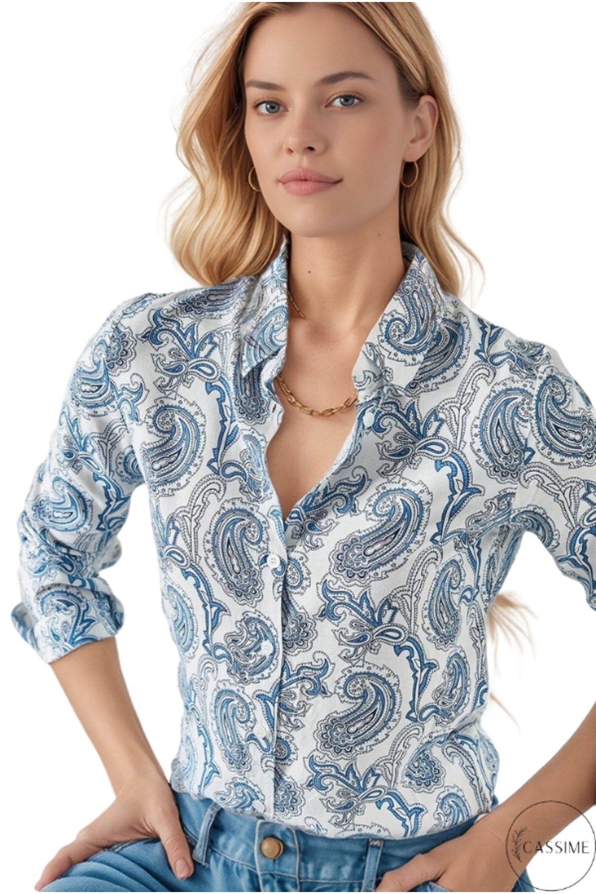 Amelia Women's Viscose Long Sleeve Button-Up Shirt - Light Blue Paisley Print