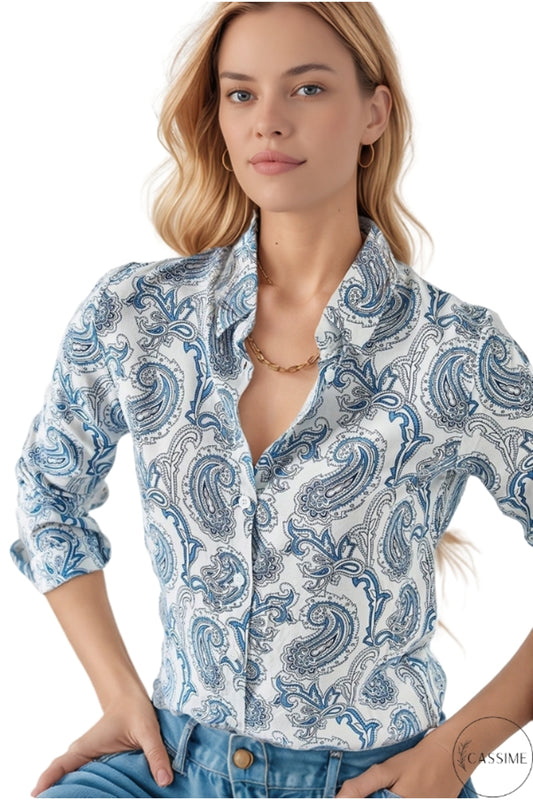 Amelia Women's Viscose Long Sleeve Button-Up Shirt - Light Blue Paisley Print