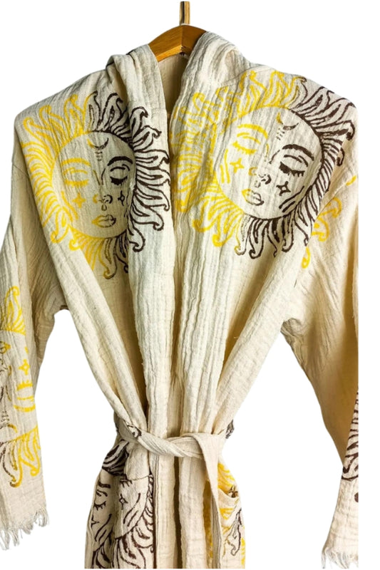 Thea Women's Hamsa Print Muslin Robe - Brown and Yellow Sun