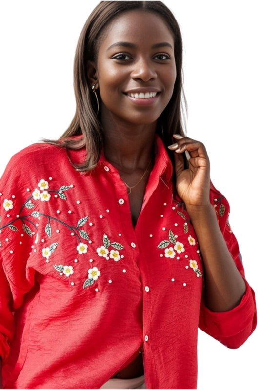 Nell Women's Daisy Embroidered Oversized Shirt - Red