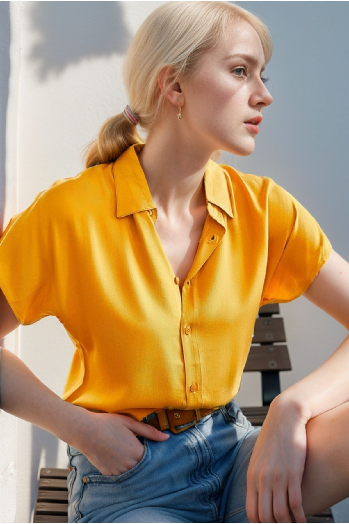 Esme Women's Viscose Short Sleeve Batwing Shirt - Mustard