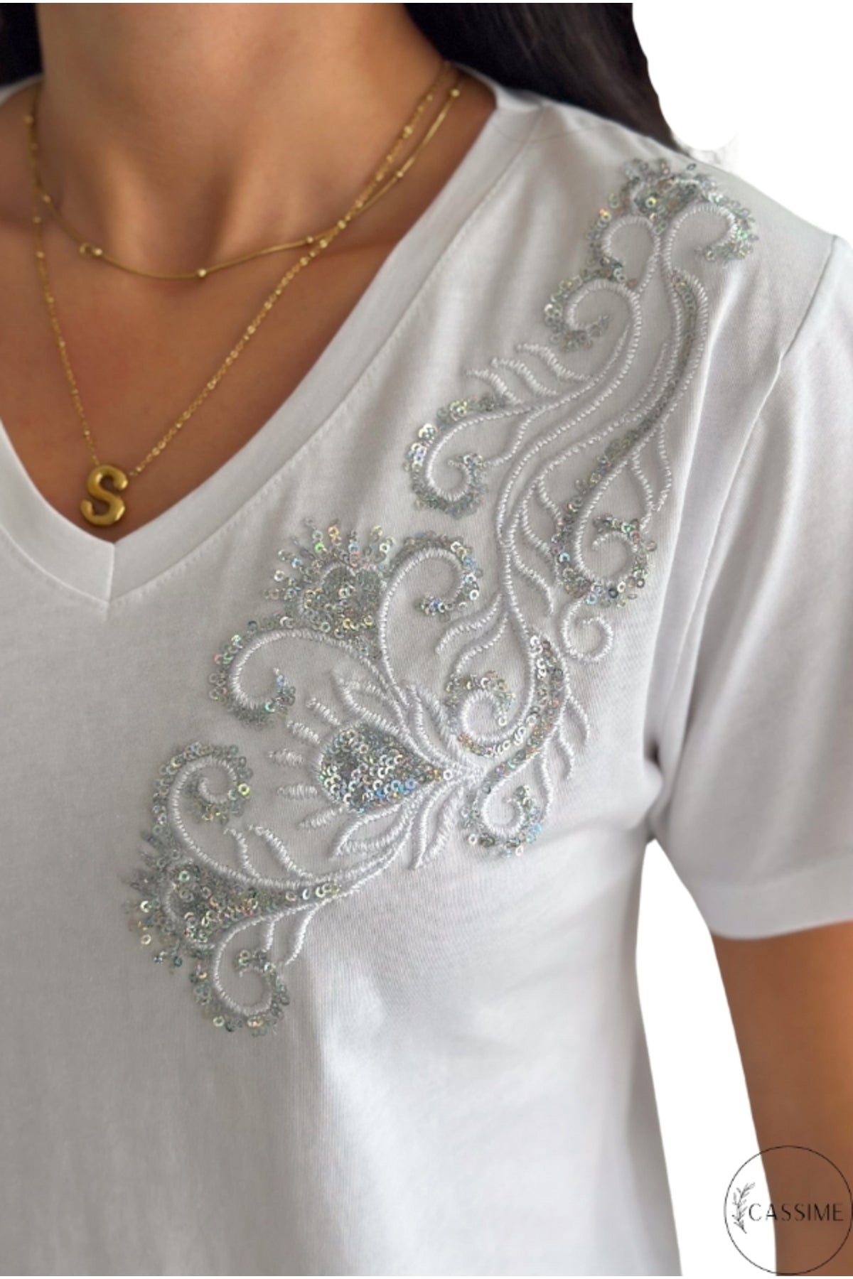 Emma Women's Cotton Embellished T-Shirt - White with Floral Shoulder Detail