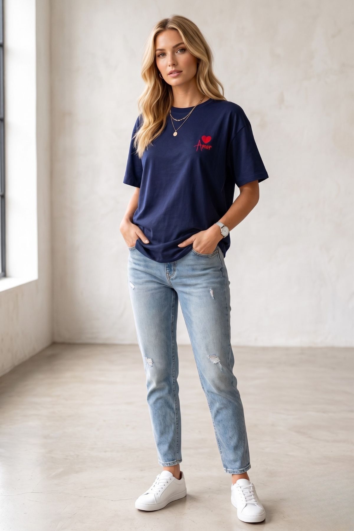 Eloise Women's Cotton Amor Heart Embroidered Oversized T-Shirt - Navy