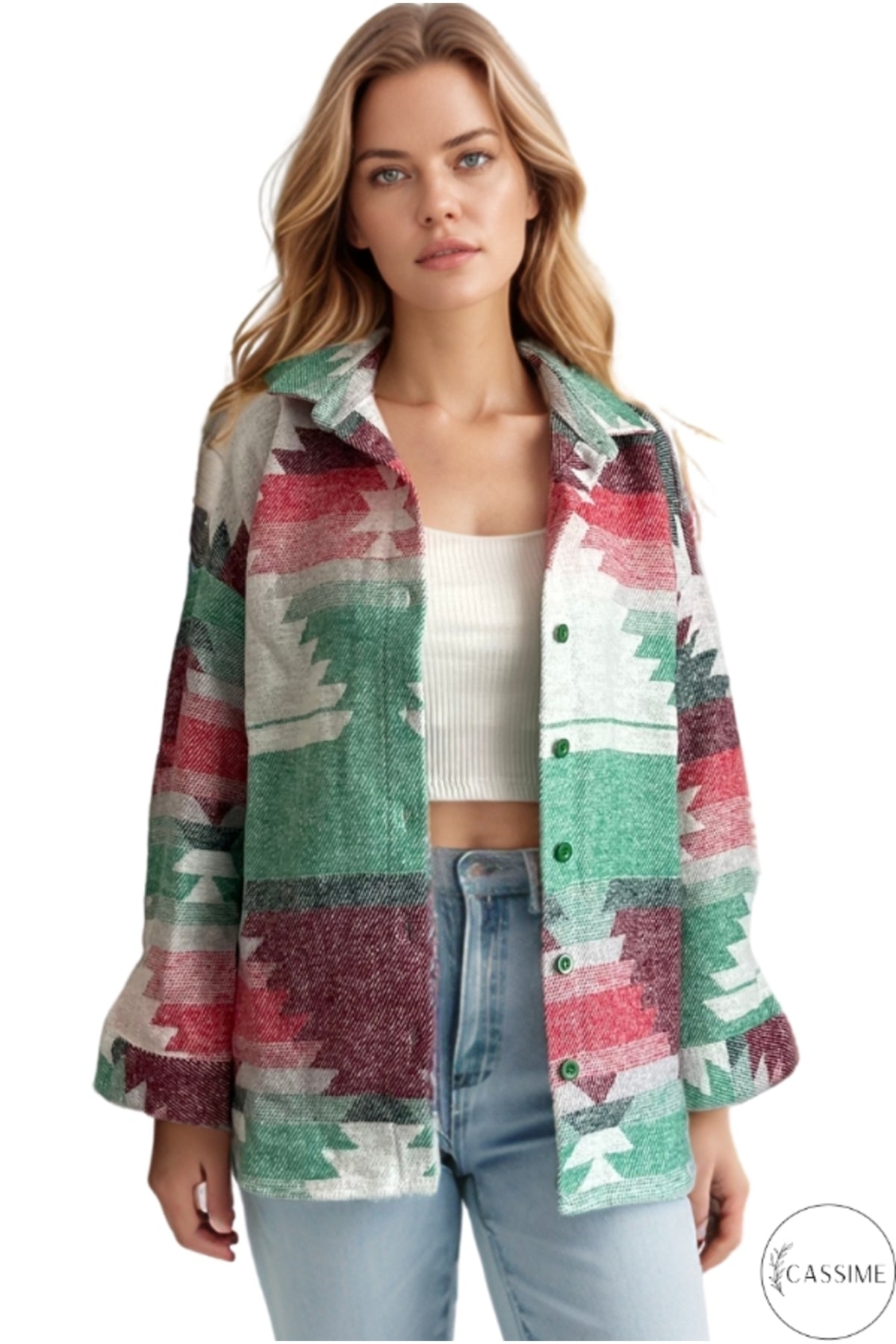 Ellen Women's Boho Print Button-Up Shacket - Green and Red Boho Print